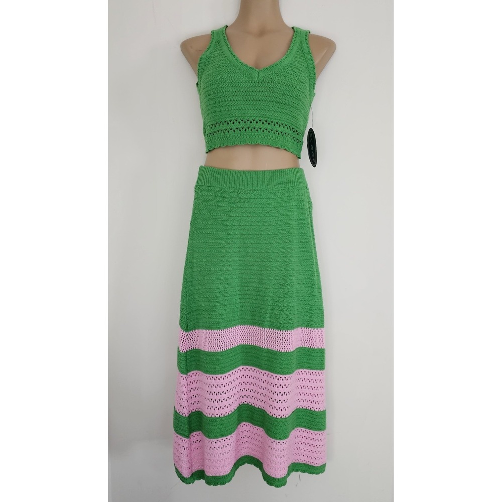 Scoop Crochet Outfit Crop Top & Midi Skirt Set Green & Pink Size S New